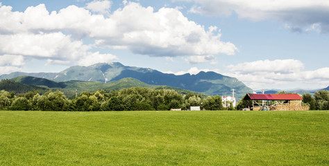 Spring summer carpathian landscape with green village field