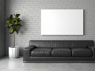 Living room Brick white with black sofa and frame close up.