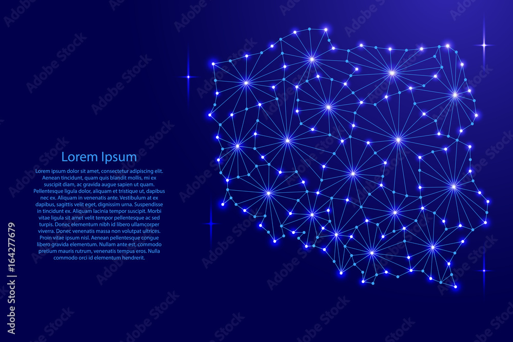 Poster poland map of polygonal mosaic lines network, rays and space stars of vector illustration.