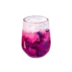 Blueberries juice with ice in glass, watercolor illustration isolated on white background.