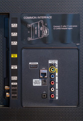 Input Connection Panel on back-side of LCD television. Close-up view of the rear of the TV with empty slots for connectivity.