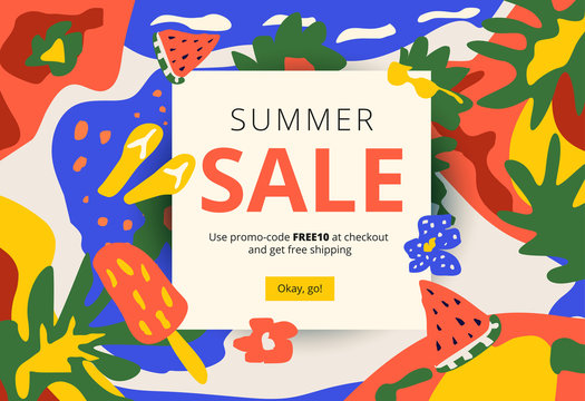 Creative summer promotion social media web banner. Artistic bright season sale and discount promo background with fun party pattern. Email ad newsletter layout.