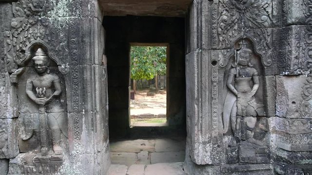 Ancient Temple Of Angkor Wat With Low Relief In Cambodia. HD, 1920x1080. 