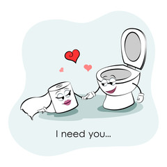 Cute picture of a toilet and toilet paper. Happy couple in love. Postcard Happy Valentine's Day. Vector illustration.