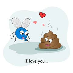 Cute picture of a piece of shit and flies. Couples in love. Vector illustration. Funny card Happy Valentine's Day.