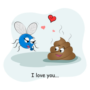 Cute picture of a piece of shit and flies. Couples in love. Vector illustration. Funny card Happy Valentine's Day.