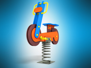 Attraction game for children spring motorcycle yellow blue brown 3d render on blue background