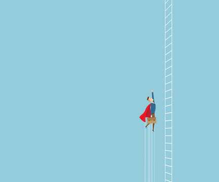 businessman flying near ladder to success