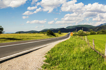 Summer carpathian landscape with green field and road