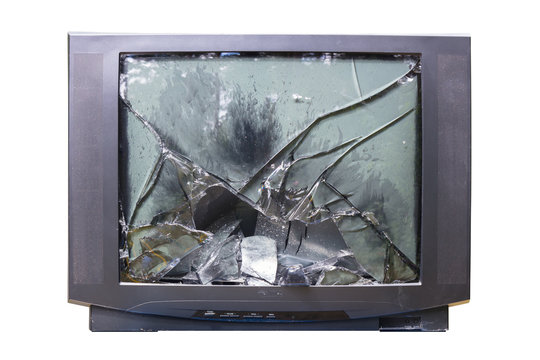 Fernsehkritik, geplatzte Bildr&ouml;hre, R&ouml;hrenfernseher, Filmkritik, old shabby TV Set with broken glass tube, Binge watching, krimi, thriller, tatort, medien medienkritik crime waste rundfunkgeb&uuml;hr