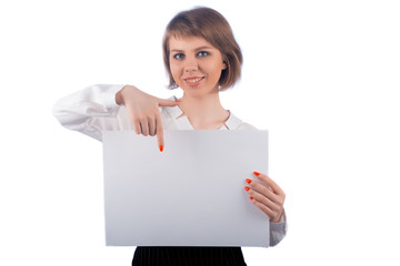 Business woman points to a white poster