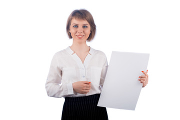 Business woman holding a white poster