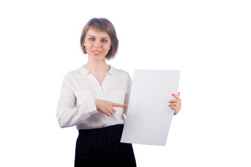 Business woman points to a white sheet of paper A3