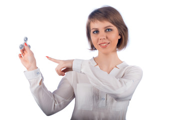 Business woman points to a white spinner
