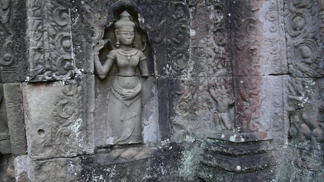 Historic Bas-Relief Or Low Relief On Walls Of Angkor Wat Temple. Siem Reap, Cambodia. HD, 1920x1080. 