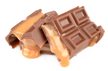Chocolate with caramel on a white background