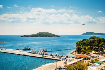 Skiathos, Greece - June 27, 2011: The blue sea with yachts and boats on the water, Skiathos, Greece
