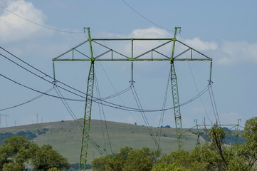 General metal electric post at summer field, Central Balkan mountain, Stara Planina, Bulgaria  