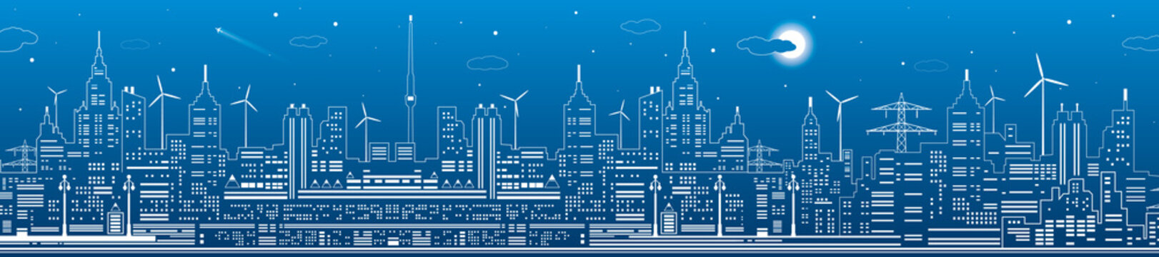 Night city panorama, town infrastructure illustration, modern skyline, white lines on blue background, urban scene, vector design art 