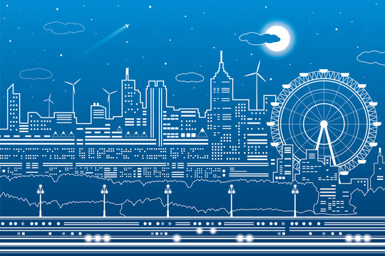 Night city scene, town infrastructure illustration, ferris wheel, modern skyline, white lines on blue background, vector design art 