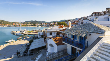 Fototapeta premium View of the harbour in Skopelos town, Greece. 