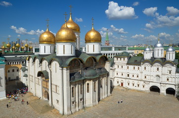 Fototapeta na wymiar Assumption Cathedral and the Patriarch's Palace with Church of Twelve Apostles in Cathedral square of the Moscow Kremlin, Moscow, Russia