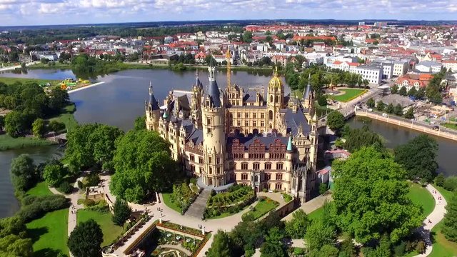 Aerial Germany-Schwerin Castle Schloss Schwerin, castle on island. Summer cloudy day.