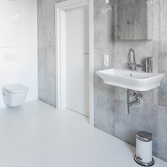 Spacious gray and white bathroom