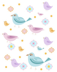Birds floral pattern for kids books or colorbooks Vector illustration