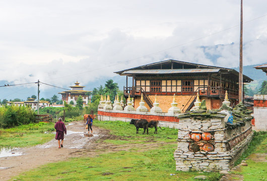 Traditional Bhutanese architecture near Kurjey Lhakhang (The Temple of Imprints) Bumthang, Bhutan