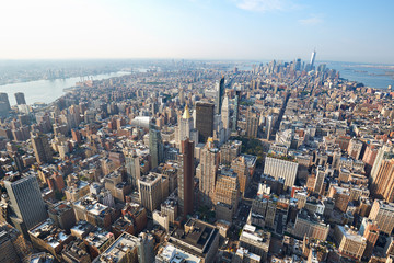 New York City Manhattan aerial view with skyscrapers and buildings in a sunny day