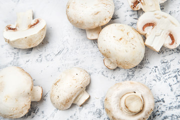 Champignon on a light background. Fresh champignons on a  background