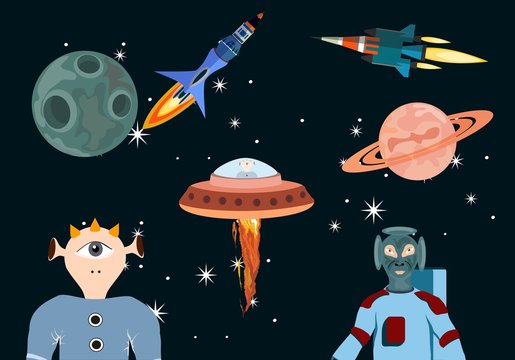 Space objects set, and alliens persons vector illustration