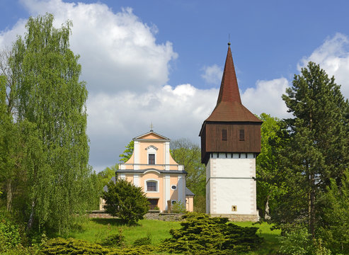 The town of Hronov - All Saints Church and late Renaissance Bell Tower from 1610, Czech Republic