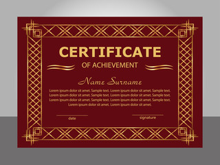 Retro vintage certificate achievement template. Golden and red frame. Vector