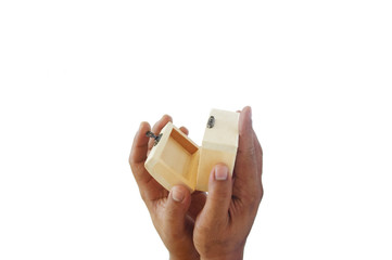 Hand Opened Empty Wooden Treasure Box Over White Background