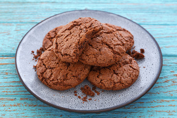 Chocolate chip cookies in plate on wood background