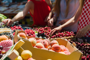 Three young women at grocery market. Women choose fruit. The middle plan. Focus on foreground