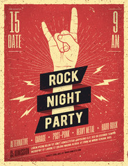 Rock Night Party Poster. Vintage Styled Vector Illustration. - obrazy, fototapety, plakaty