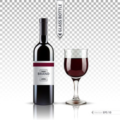 Realistic Glass of Red wine and bottle isolated on transparent background. Vector 3d detailed mock up set illustration