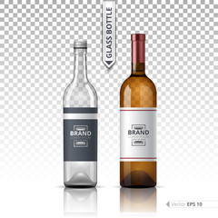 Wine and Vodka bottles isolated on transparent background. Vector 3d detailed mock up set illustration