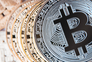 Golden bitcoin on keyboard