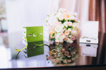 Wedding details. Bouquet and accessories of bride and groom. Wedding accessories