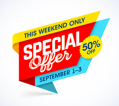This weekend only special offer. Sale campaign banner design template, up to 50% off