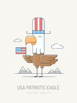American bald eagle holding flag of the united states of america and wearing unce sam's hat vector cartoon illustration
