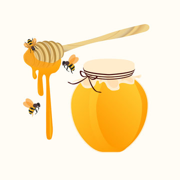 Glass Pot Full Of Honey. Stick Dipper And Fly Bee Isolated. Vector Illustration.