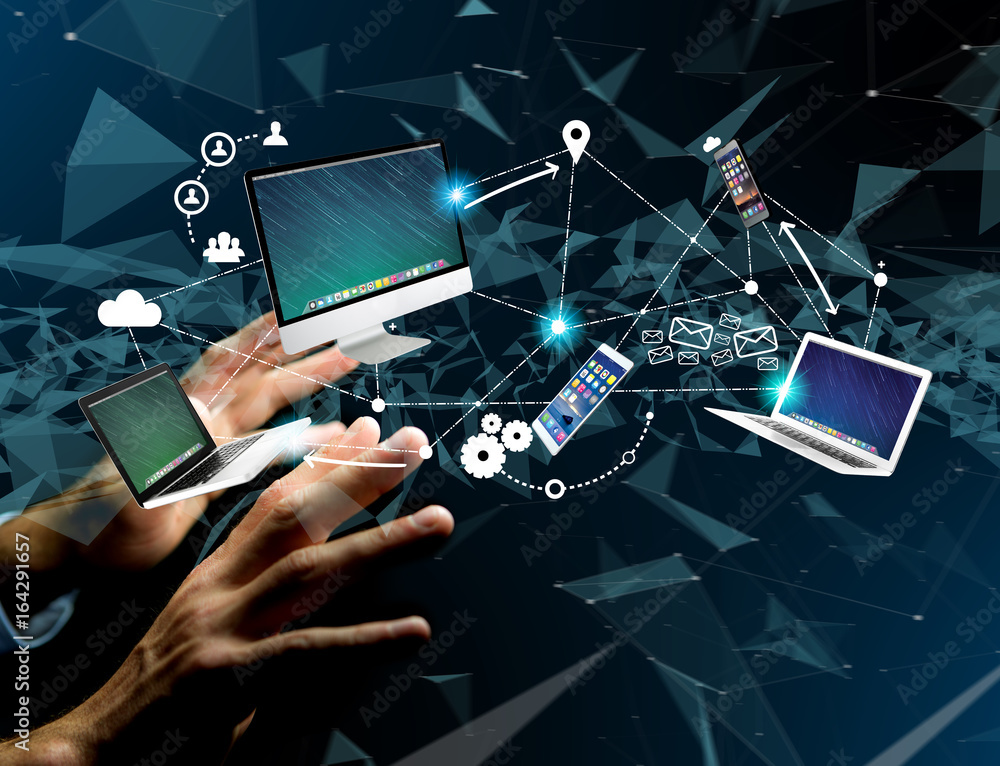 Poster computer and devices displayed on a futuristic interface with interantional network - multimedia and