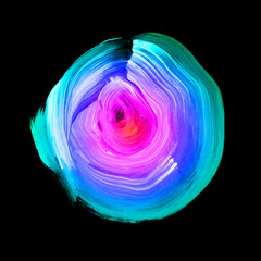 Blue pink textured acrylic circle. Watercolour stain on black background.