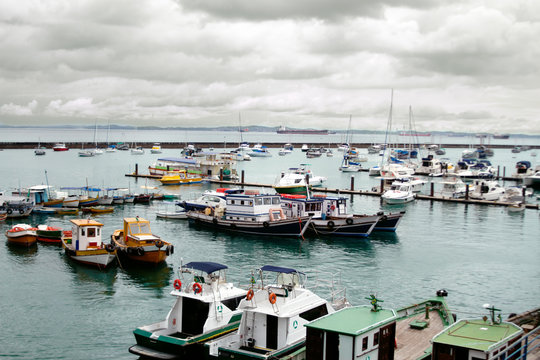 Boats moored in the port of Salvador de Bahia, Brazil