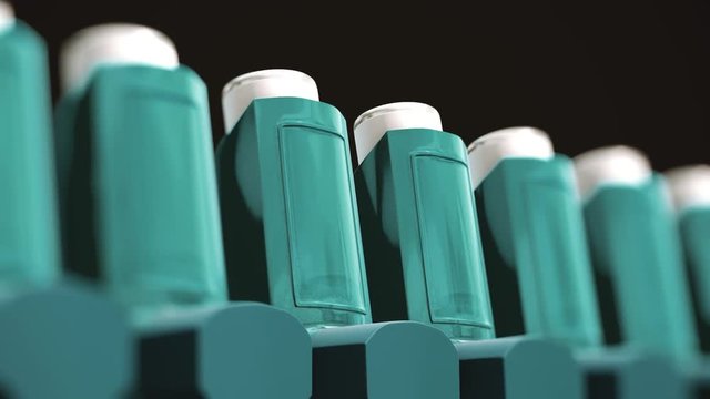 Looping pan over and endless line of blue asthma inhalers.